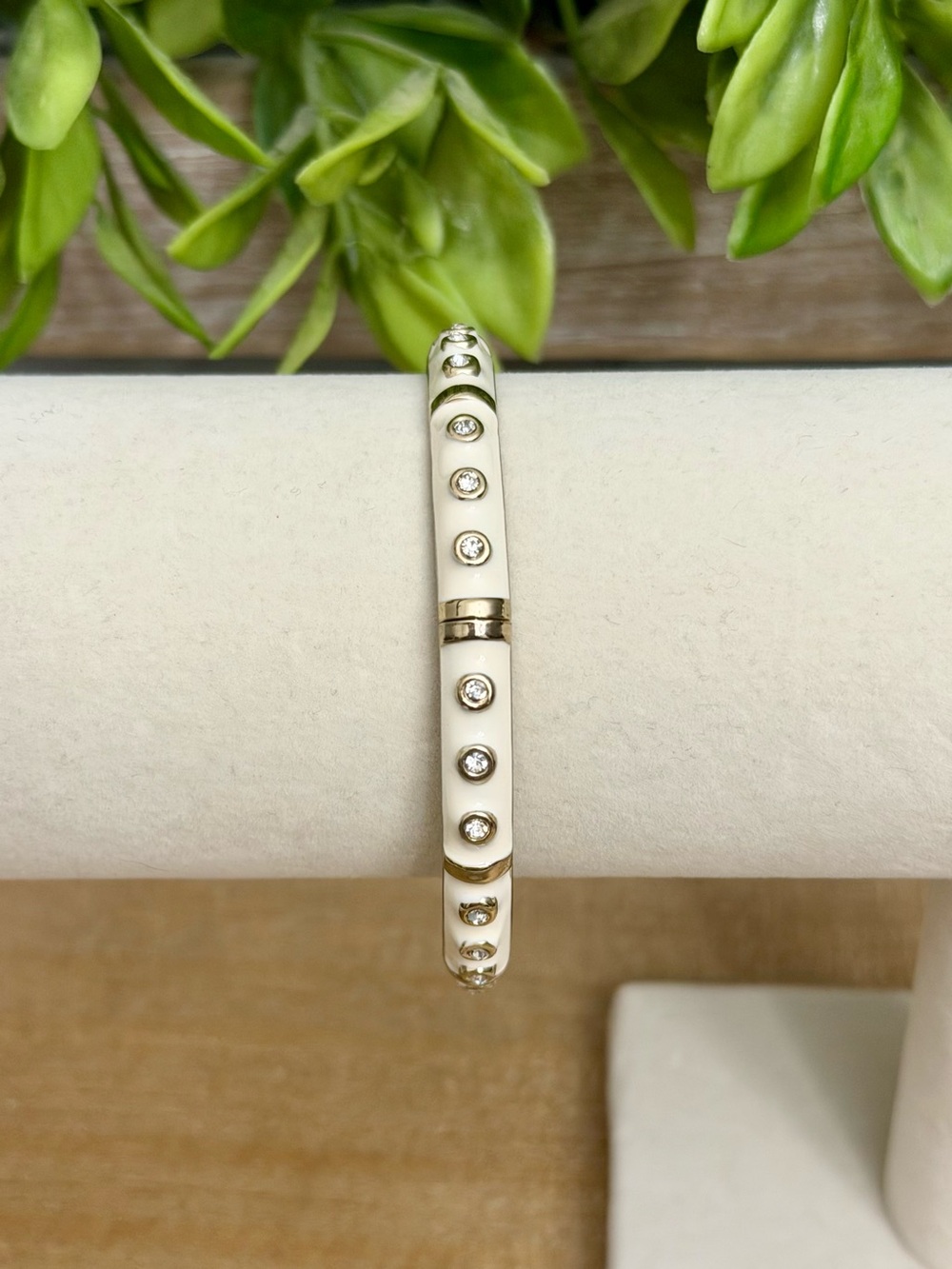White and Gold Crystal Accent Hinged Bangle Bracelet